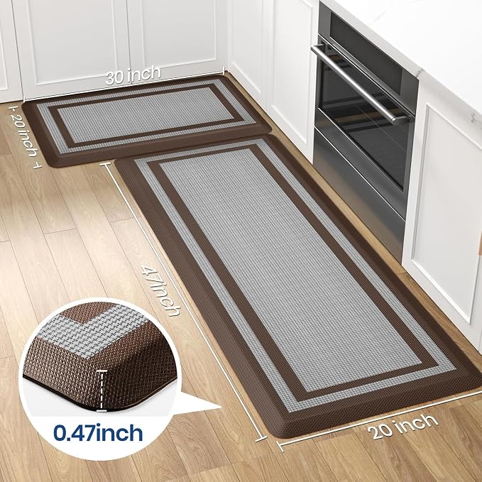 KitchenClouds [2 PCS Kitchen Rugs Cushioned Anti-Fatigue Kitchen Mats for Floor Waterproof Kitchen Rug Set Non-Slip Comfort Standing Mat for Office, Sink, Laundry 20"×30"+20"×47",Chocolate