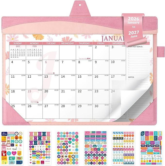 Ospelelf Leather Wall Calendar 2026-2027 with Storage Pocket, 12"x17" Monthly Large Desk Planner Pad with Protective Cover and Sticker for Office School Home, 18 Months January 2026 - June 2027 Pink Floral