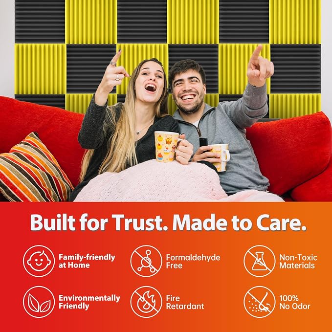 12 Pack Acoustic Panels – Sound Proof Foam Panels for Wall 12"x12"x1", Flame Retardant Wedge Acoustic Foam, High-Density Sound Absorbing Panels for Home Studio(Yellow, 1" Thick 12 Pack)