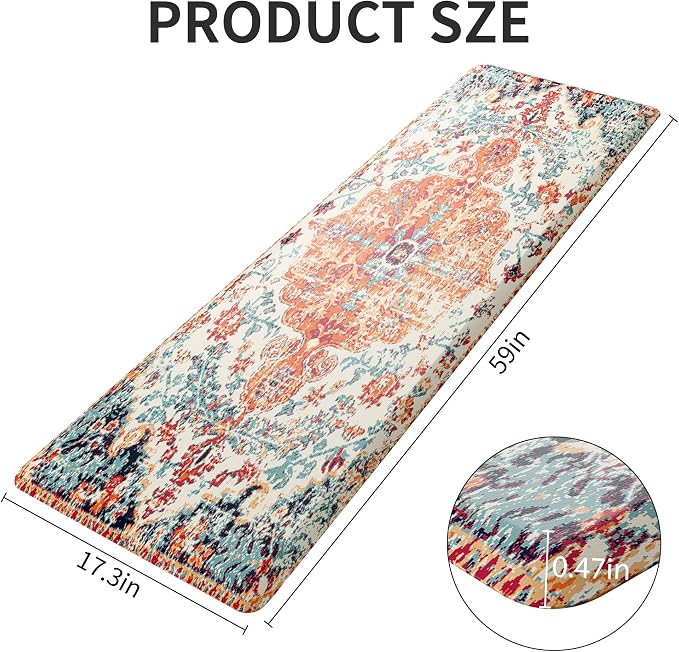 MAYHMYO Boho Kitchen Mat Anti Fatigue Ethnic Kitchen Cushioned Floor Mat Orange Blue Kitchen Rugs Non Slip Cool Rugs for Kitchen Office