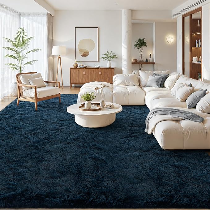 Zentavio Navy Blue Area Rugs for Living Room Boys Rugs for Bedroom 9x12 Large Shag Washable Carpet Soft Furry Fluffy Aesthetic Kids Playroom Rugs for Teen Home Decor