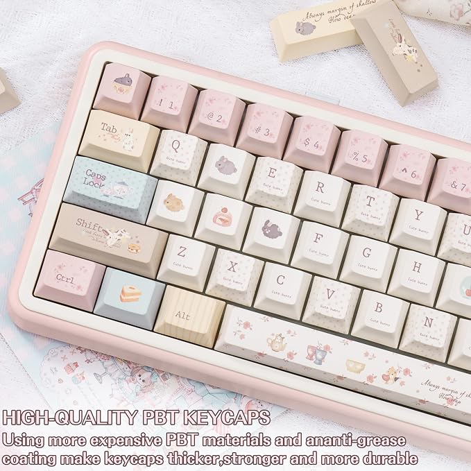 Pink Cute Rabbit Keycaps, PBT Custom Keyboard Caps, Cherry Profile Keycaps Set, Dye-Sublimation, 145 Keys for Mechanical Keyboard, Cute Key Caps Compatible with ANSI/ISO, 60% 75% 100%