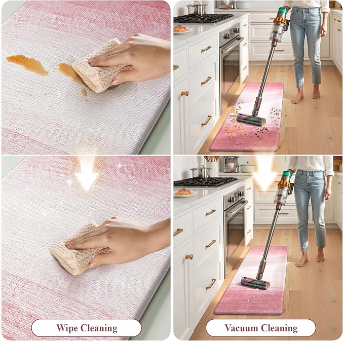 KIMODE Kitchen Anti Fatigue Mats, Boho Farmhouse Kitchen Rugs Sets of 2 | Gradient Pink Memory Foam Kitchen Mats for Floor,Cushioned Rugs for Kithcen Floor Decor Sink Laundry Office 17"x47"+17"x29"