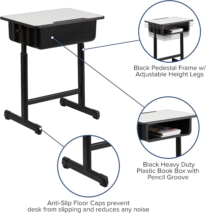 Flash Furniture Billie Open Front Student Desk for Classrooms or Remote Learning, Height Adjust School Desk with Book Box and Bag Hooks, Black/Gray