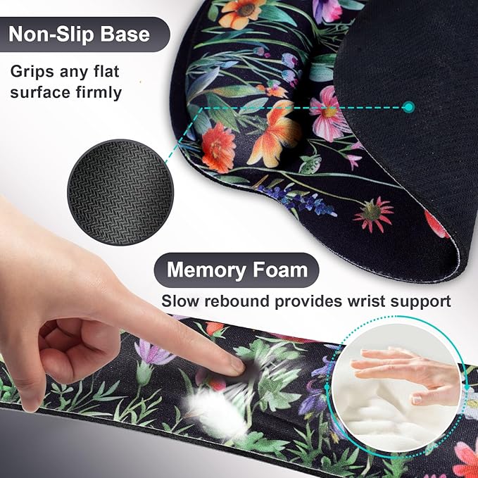 Wildflower Mouse Pad with Wrist Rest and Keyboard Wrist Rest Set, Black Floral Ergonomic Memory Foam Mouse Pad Set for Women, Office Desk Accessories, Gaming Use