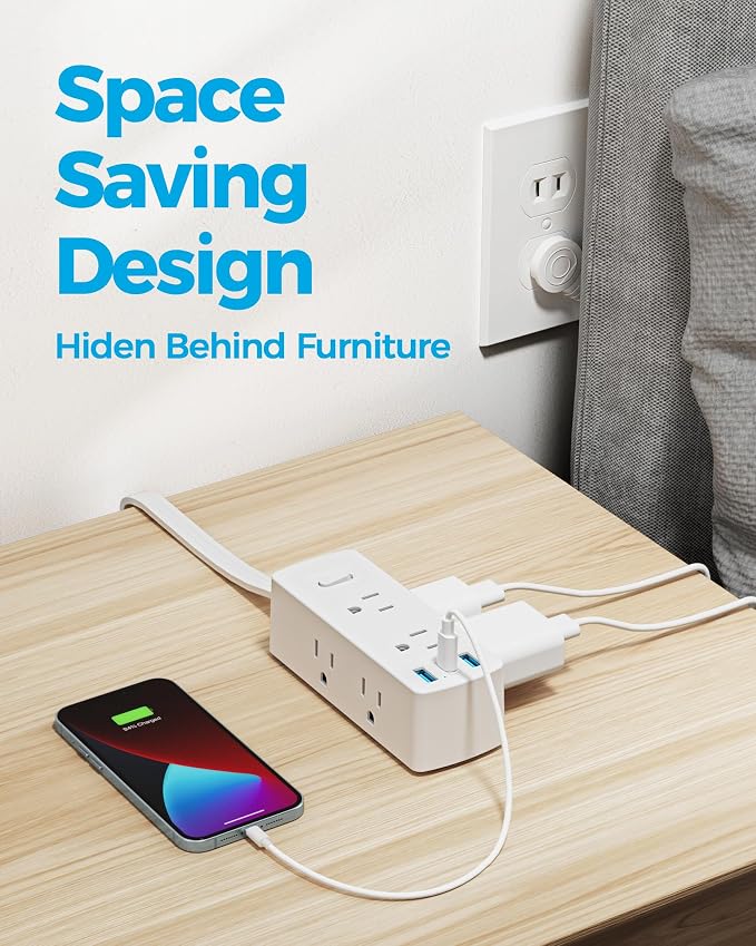 Olcorife Flat Plug Power Strip with 3 FT Extension Cord, 6 Outlets 3 USB Ports(1 USB C), 3 Sided Outlet Extender for Home Office Travel Dorm Room Essentials, White
