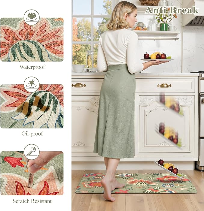 LEEVAN Anti Fatigue Kitchen Mats for Floor, Cushioned Kitchen Mat Set 2PCS | 17.3"x29"+17.3"x47", Boho Floral Green Kitchen Rugs Non-Slip, Waterproof Ergonomic Standing Mats for Laundry, Office, Sink