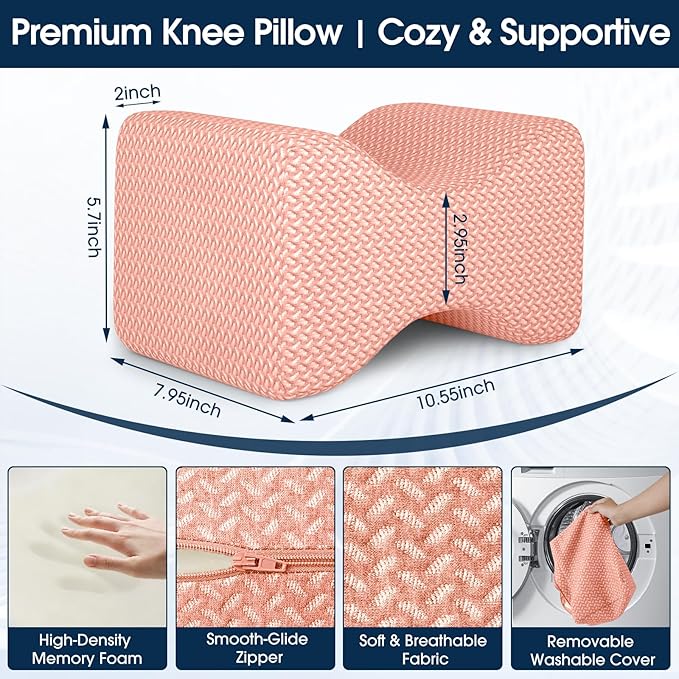 BlissTrends Memory Foam Knee Pillow, Knee Pillow for Side Sleepers, Leg Pillows for Sleeping Blood Circulation, Elevation Pillow for Spine Aligning, Sciatica, Back, Hip, Knee, Ankle Pain, Pink
