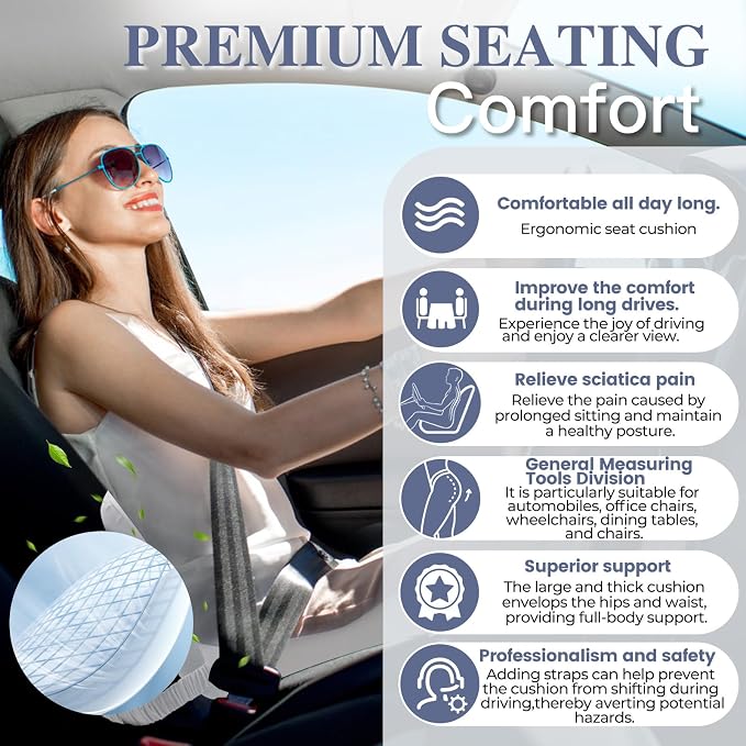 Memory Foam Seat Cushion for Sciatica & Back Pain Relief - Ergonomic Chair Pad with Adjustable Strap & Supportive Comfort Cover, Non-Slip for Car, Truck, Office Chair - Light Gray