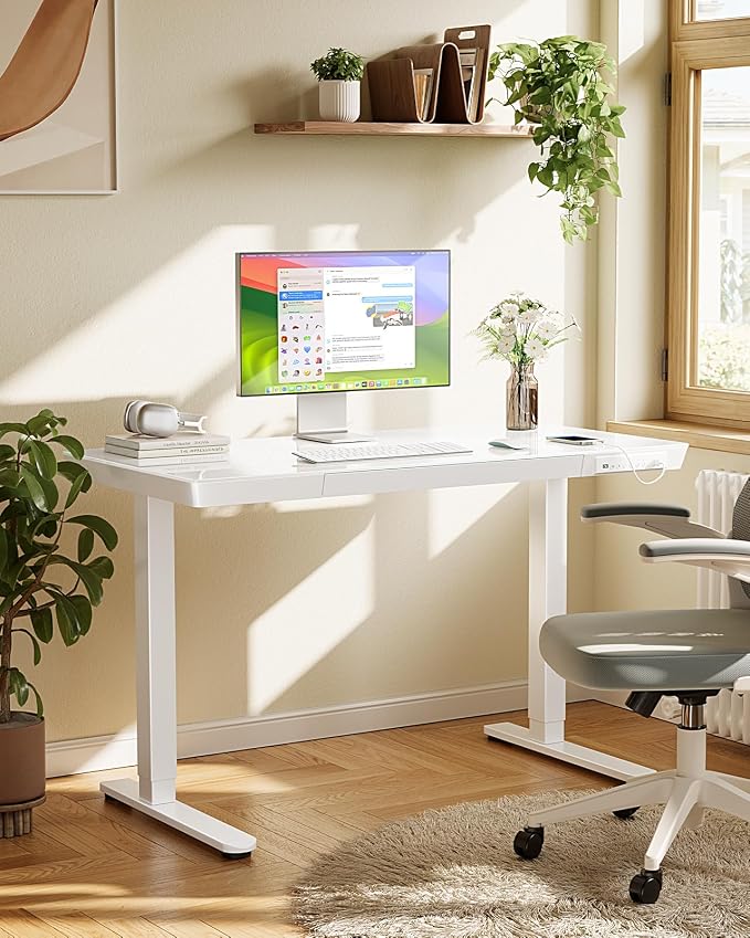 Marsail Glass Standing Desk with Drawer,55 x 28 inch Electric Standing Desk, Adjustable Height Desk with Storage & USB Charging Ports, One-Piece Standing Desk for Home & Office, White