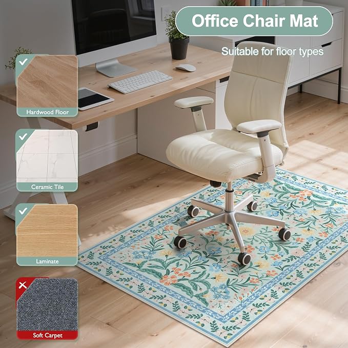 Anidaroel 36"x48" Office Chair Mat for Hardwood Floor/Tile, Anti-Slip Boho Desk Mat for Chairs, Tea Green Office Floor Mat, Low Pile Floor Protector for Rolling Chair, Floral Under Desk Rug