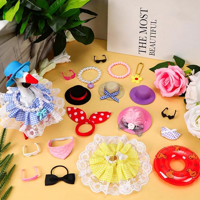 6 Sets Mini Desk Goose Outfits 7 Inches Mini Desk Goose Clothes with Cute Felt Hat Necklace Dresses and Sunglasses for Magnetic Porch Geese Key Holder Decor Gifts