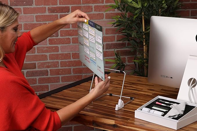 PMXBOARD Desktop Kanban Board & Whiteboard (Double-Sided) 18” x 11” Glass Dry Erase Board with Stand, 24 Reusable Task Cards, 6 Markers – Scrum Agile Project Management Desk Planner