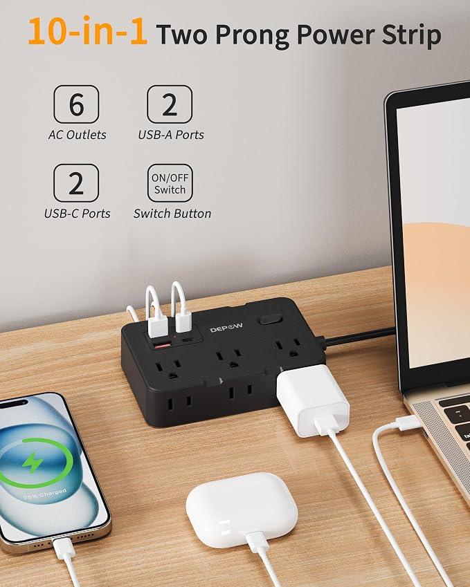 DEPOW 2 Prong to 3 Prong Adapter Power Strip, 5FT Black Extension Cord with 6 Outlets & 4 USB Ports (2 USB-C), 1050J Two Prong Surge Protector, Wall Mount - Ideal for Old Houses
