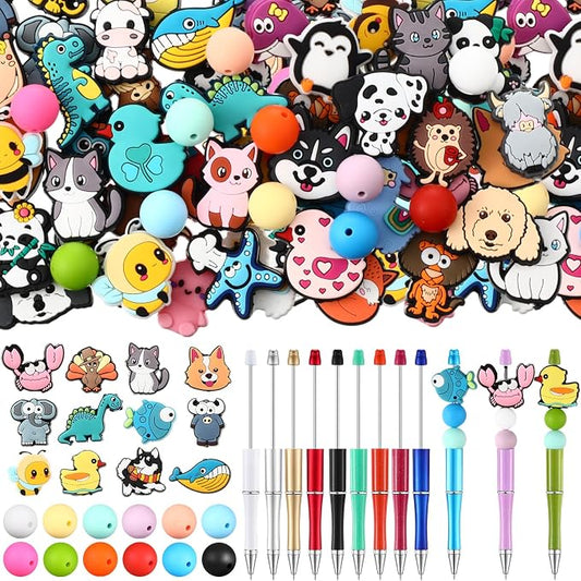 Humyoun 122 Pcs Beadable Pen Kit for DIY Pens Making Back to School Supplies with 12 Beaded Pens 110 Silicone Focal Beads, Black Ink Pen Gift for School Office Students Classroom(Stylish Style)
