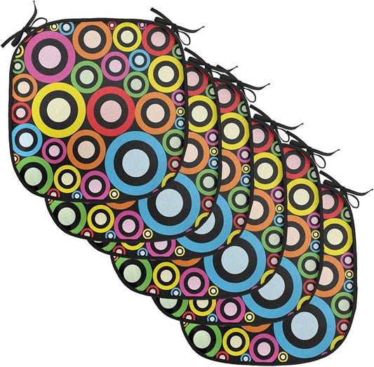 Lunarable Groovy Chair Cushion Pads Set of 6, and Funky Retro Ring Shaped Modern Art Geometric Revival Art, Anti-Slip Seat Padding for Kitchen & Patio, 16"x16", Black Multicolor