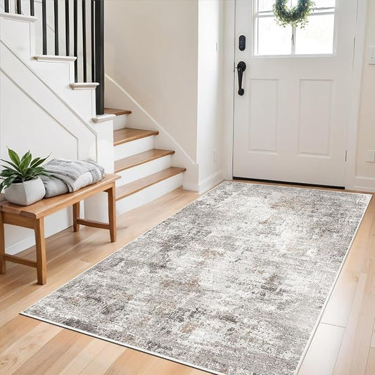 4x6 Washable Entryway Rug – Non-Slip Low-Pile Small Area Rug for Kitchen Bedroom Living Room Office – Modern Abstract Neutral Throw Carpet with Rubber Backing (Beige, Grey)