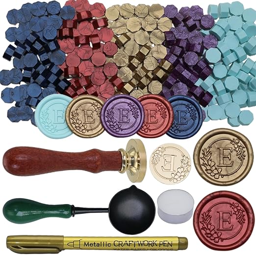 Initial Alphabet E Wax Seal Stamp Set, Retro Letter Sealing Stamp with 150Pcs Sealing Wax Beads in 5 Color, Melt Non Slip Spoon Pen Kit for Wedding and Christmas (E)