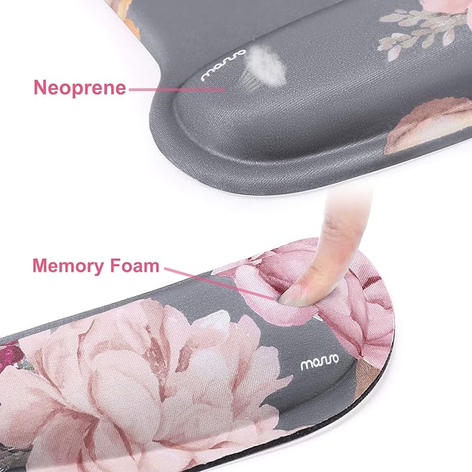 MOSISO Wrist Rest Support for Mouse Pad & Keyboard Set, Peony Ergonomic Mousepad Non-Slip Base Home/Office Pain Relief & Easy Typing Cushion with Neoprene Cloth & Raised Memory Foam, Gray