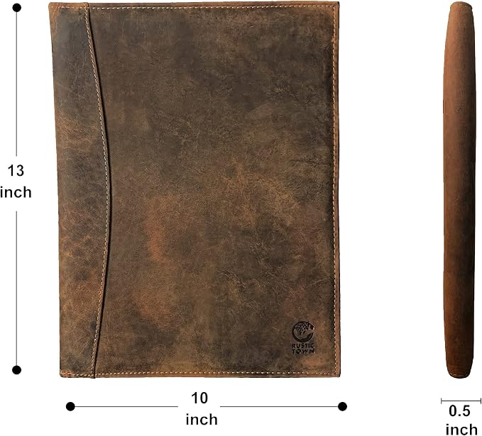 Leather A4 Conference Folder | Professional Organizer for Men and Women | Handmade Durable Leather Portfolio with Sleeves for Documents and Notepad by Rustic Town (Brown)