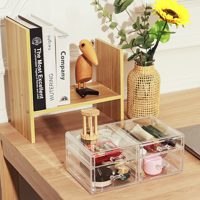 Cq acrylic Makeup Organizers with 4 Drawers,Rectangular Office Stationery Supplies Plastic Clear Storage Containers,Stackable Acrylic Drawers Suitable for Office,School,Home desk organizer