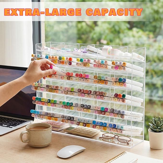 MotiMind Acrylic Pen Organizer Storage for 420 Markers Vertical Marker Organizer Acrylic Pen Display Holder for Office Desk Desktop Stationery Pencil Storage, Clear, 18 x 4 x 14.5 Inch
