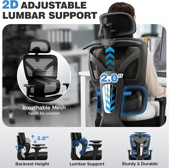 Ergonomic Desk Chair, Breathable Mesh Office Chair for Long Hours, 4 Pack | Adjustable Lumbar Support for Back Pain Relief, 4.33'' Thick Foam Cushion, 3D Headrest, Computer Chair for Home Office, Black