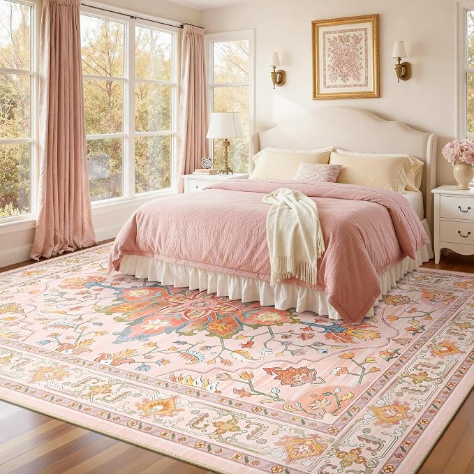 RELEANY Area Rugs 7'x9' Washable Non-Slip, Floral Vintage Distress Medallion Carpet for Living Room Bedroom Dining Room, Light Pink Colorful
