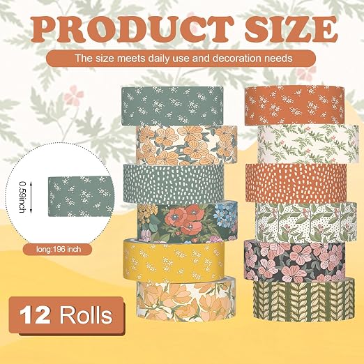 12 Rolls Watercolor Floral Washi Tape Set 15 mm Vintage Flower Decorative Masking Tape for Summer School Arts DIY Craft Scrapbook Journal Supplies Gifts(Warm Tones,Botanic)