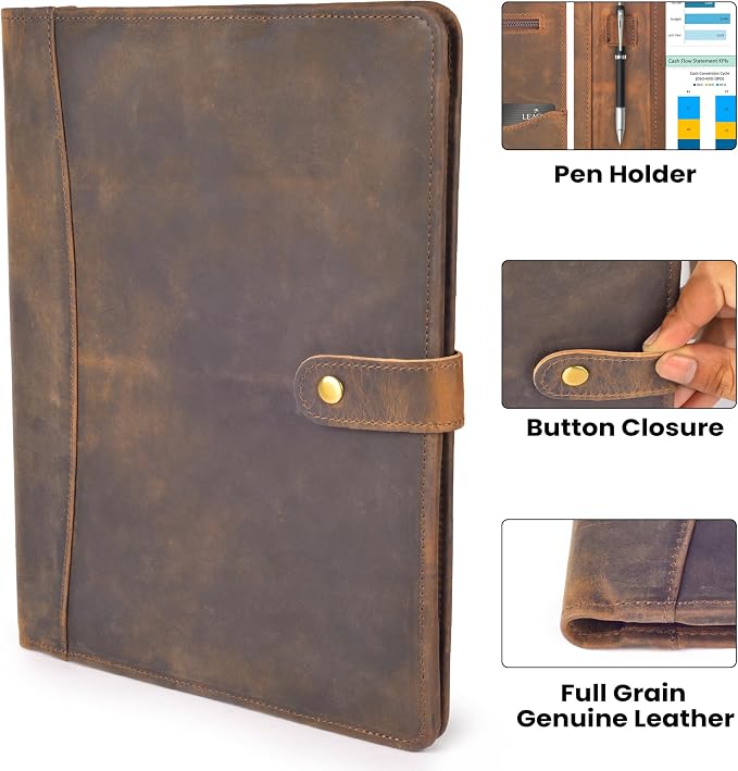 Leather Resume Portfolio Folder for Interview, Professional Padfolio Organizer Binder A4, Graduation & New Job Gift for Men Women – Brown