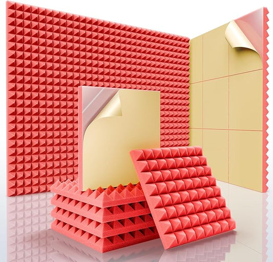 Sonicism Acoustic Panels Self-Adhesive Pyramid 12 Pack,12" X 12" X 1" Sound Proof Foam Panels for Walls,35kg/m³High Density Soundproof Wall Panels Fast Expand,Sound Absorption & Decoration(Red)