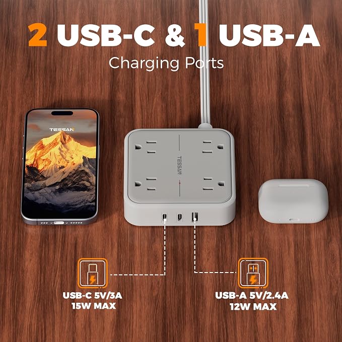 TESSAN Surge Protector Flat Extension Cord 5Ft, Flat Plug Power Strip with 4 Outlets 3 USB Ports (2 USB C), 900 Joules Protection, Multiple Wall Outlet Extender Suitable for Home Office Dorm, Grey