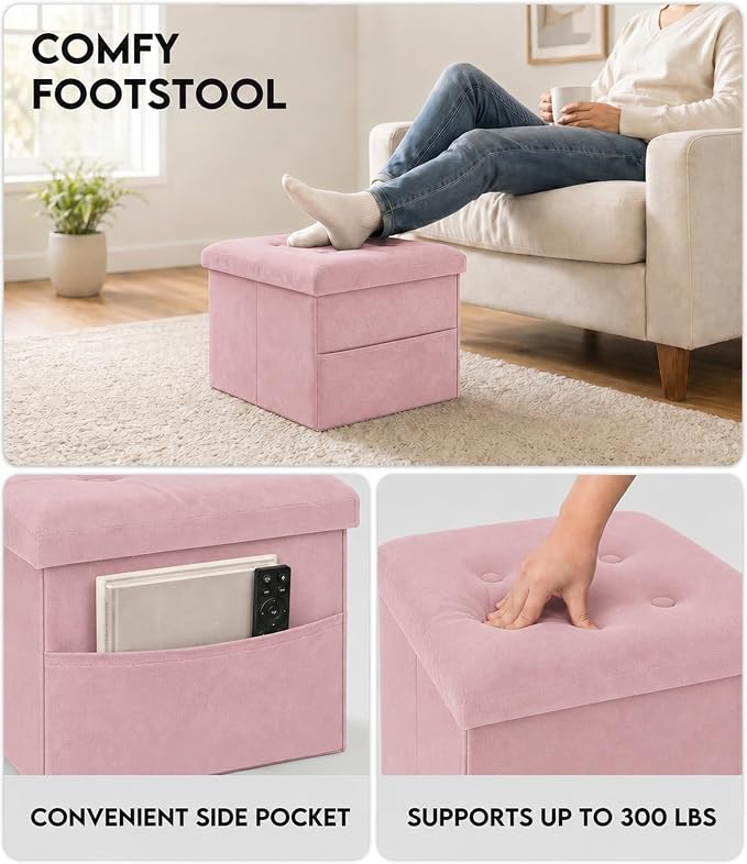 ZOES HOMEWARE Small Storage Ottoman Foot Rest, Velvet Ottoman with Storage and Side Pocket, Pink Foot Rest for Couch, Foldable Footstool Ottoman for Chair,Living Room&Dorm, 16"x12"x12" Pink