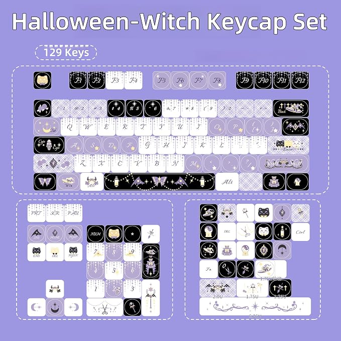 Custom Keyboard Keycaps,MOA Profile Halloween-Themed Keycaps PBT Dye-Sublimation 129 Keys Full Size Key Caps Set for Cherry MX Switches Mechanical Gaming Keyboard DIY (Purple-Witch)