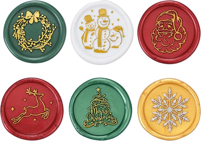 Yoption Christmas Wax Seal Stamp Gift Box Kit, 6pcs Sealing Wax Stamp Heads with 1 Wooden Hilt Set for Party Invitation Card Gift Decoration (Merry Christmas Series)