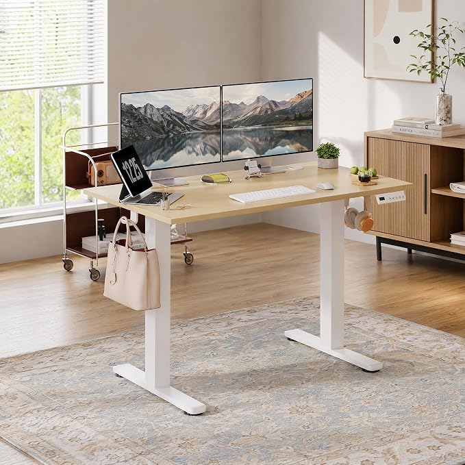 Claiks Electric Standing Desk 40x24 Inch Adjustable Desk, Nature | 156lbs weight capacity, 3 memory presets, industrial steel frame, cable management hub, adjustable height , easy assembly