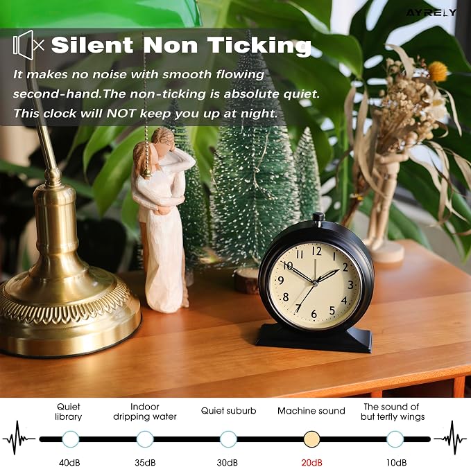 AYRELY® 5.5" Vintage Metal Alarm Clock, Desk and Table Clock for Shelf | Battery Operated Silent Analog Clock with Light for Living Room,Mantel, Bedside and Home Decor (Black)
