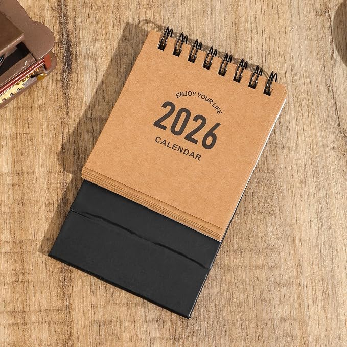 Mini Desk Calendar 2026-2027- Small Desktop Calendar January 2026 to June 2027, Mini Daily Schedule Thick Paper Twin-Wire Binding with Stickers for Home Office School (Kraft paper color)