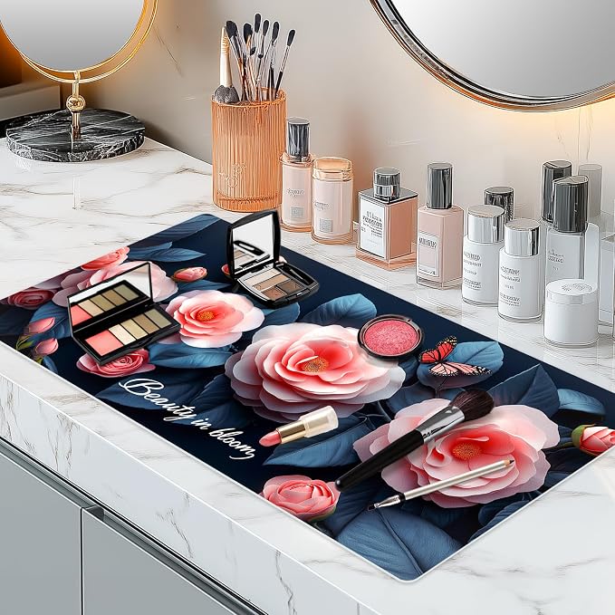 Dual-Sided Synthetic Leather Decorative Makeup Mat for Crafting, Furniture Protection, Scratch & Stain Resistant Surface Desk Pad, Waterproof Easy to Clean Vanity Protector (Pink Camellia)