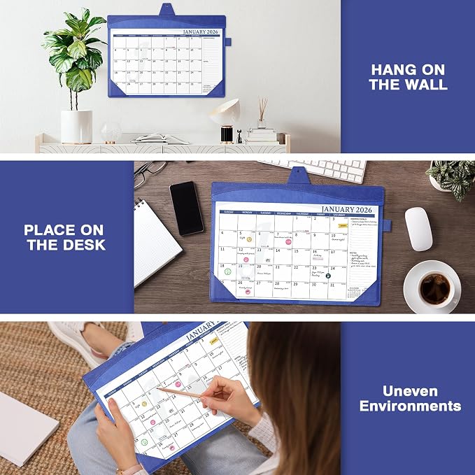 Ospelelf Leather Wall Calendar 2026-2027 with Storage Pocket, 12"x17" Monthly Large Desk Planner Pad with Protective Cover and Sticker, for Family Fridge Office Teacher Student, 18 Months January 2026 - June 2027 Navy Blue