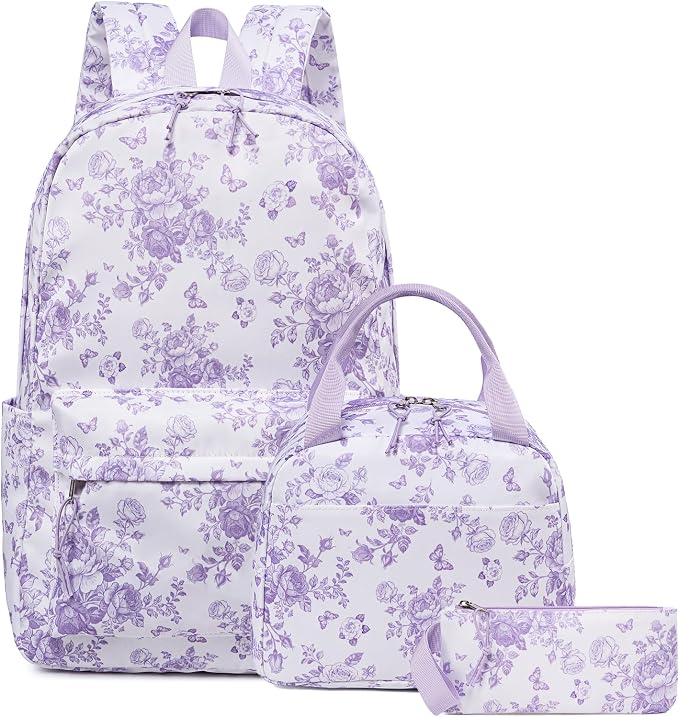 Bluboon Teens Backpack Set Girls School Backpack Lunch Box Pencil Bags Student Bookbags 3 in 1 (Purple Floral 277)