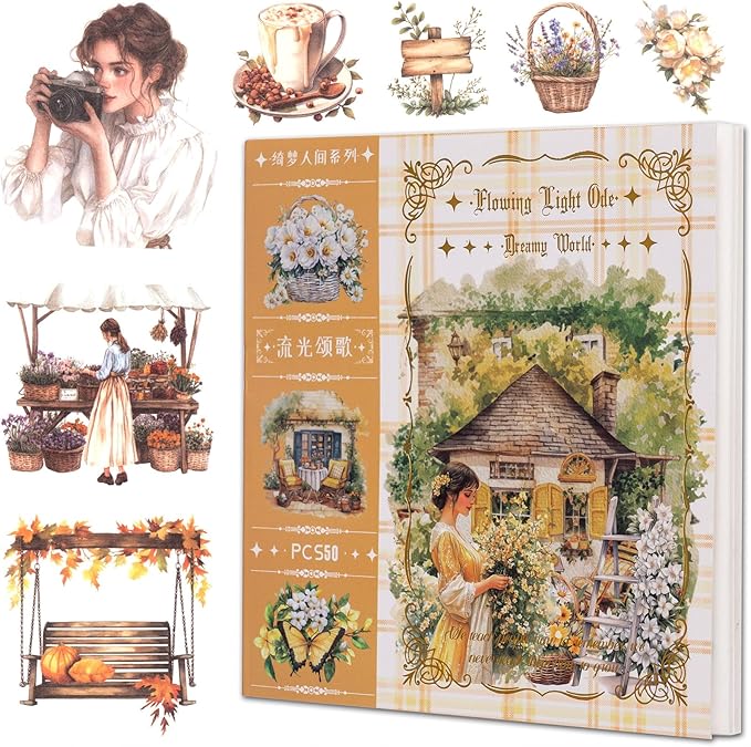 YagCu Garden Journal Sticker Book, 50 Sheets Washi Junk Journaling Sticker, Scrapbook Supplies, Watercolor Scrapbooking for Adults, Yellow Decorative Ephemera Arts Craft