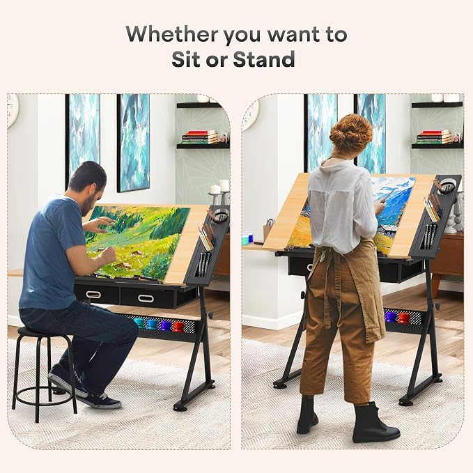 Athena Collection Drafting Table for Artists, Height Adjustable Drawing Table, Dual Desktop Art Desk Metal Frame Art Table Tiltable Craft Desk Paintings Work Station with Stool and Drawers, Natural