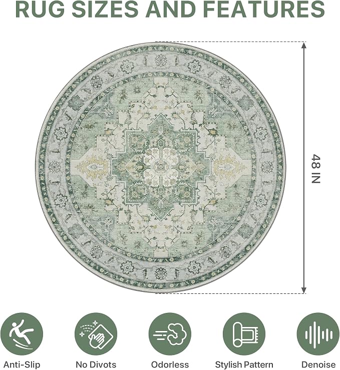 Office Chair Mat for Hardwood Tile Floor, Under Desk Carpet Protector for Rolling Computer Chair Mat, Round Washable Rugs 4ft Circle Area Rug, Anti-Slip 1/5" Thick Low Pile Thin Floor Mat, Green