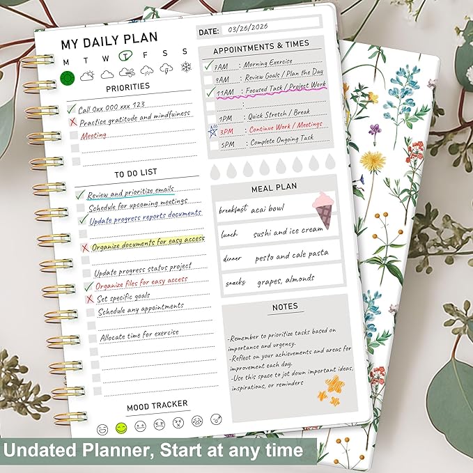 Daily Planner Undated - 6.5"x8.5" To Do List Notebook Spiral Appointment Planner to Organize Tasks & Boost Productivity, Perfect Office & School Supplies for Women & Men, Wildfloral