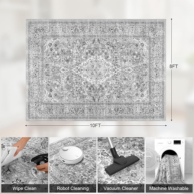 Grey Washable Vintage Non Slip Area Rug, 8x10 Boho Floral Living Room Rugs, Soft Low Pile Indoor Mat, Aesthetic Pattern Carpet for Bedroom Kitchen and Dining Room