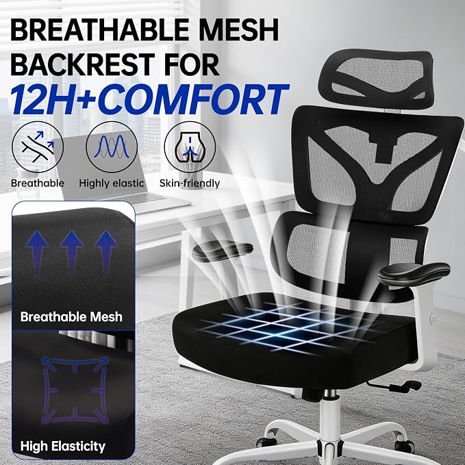 Ergonomic Office Chair, High Back Mesh Computer Chair with Comfortable Adaptive Lumbar Support, Built-in Coat Hanger, SGS Class 4 Gas Lift, Heavy Duty 300lbs for Long Hours Home Office