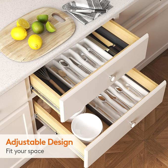 Lifewit Silverware Drawer Organizer, Expandable Utensil Tray for Kitchen, BPA Free Flatware and Cutlery Holder, Adjustable Plastic Storage for Spoons Forks Knives, 13-22 x 15", White&Black
