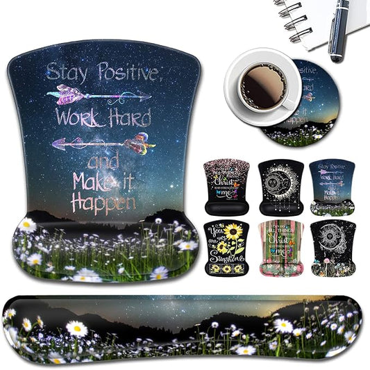 Ergonomic Mouse Pad Wrist Support,Starry Sky Mouse Pads with Non-Slip PU Base for Home Office Working Studying,Memory Foam Keyboard Wrist Rest Easy Typing,Stay Positive Work Hard Inspirational Quotes