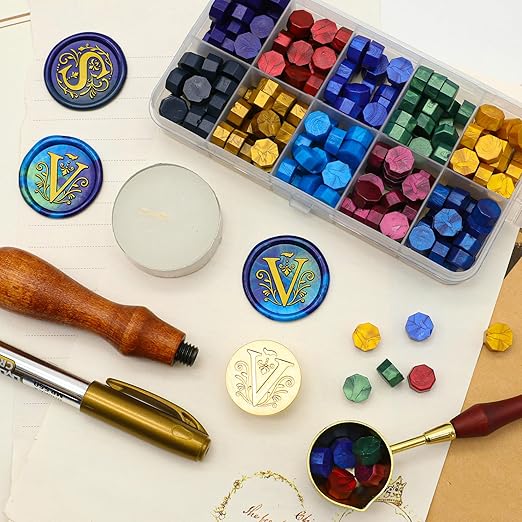 SWANGSA Retro Letter V Wax Seal Stamp with 200pcs Sealing Wax Beads Kit for Wedding Invitations Cards Envelopes (V)